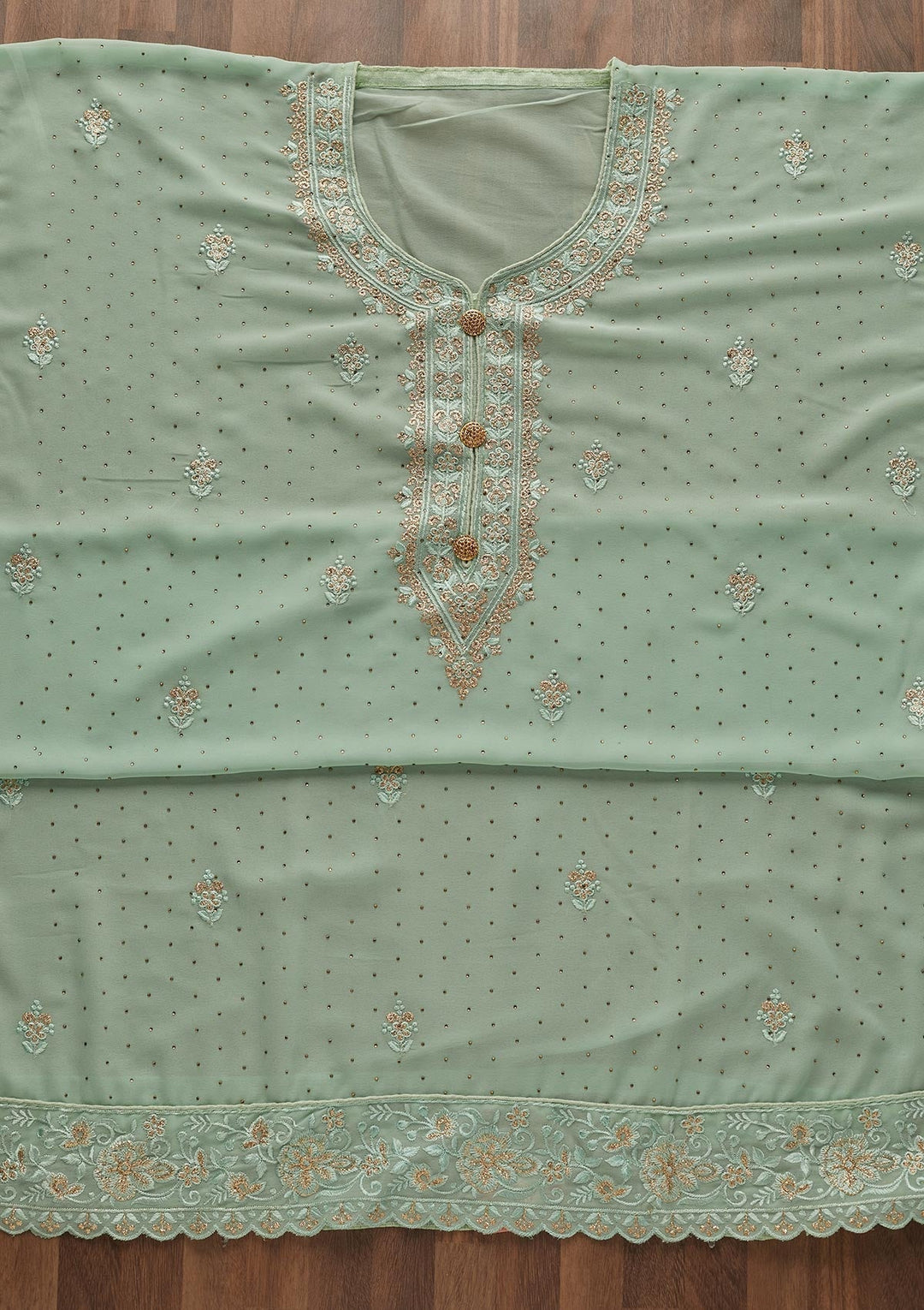 Pista Green Zariwork Georgette Unstitched Salwar Suit - Koskii