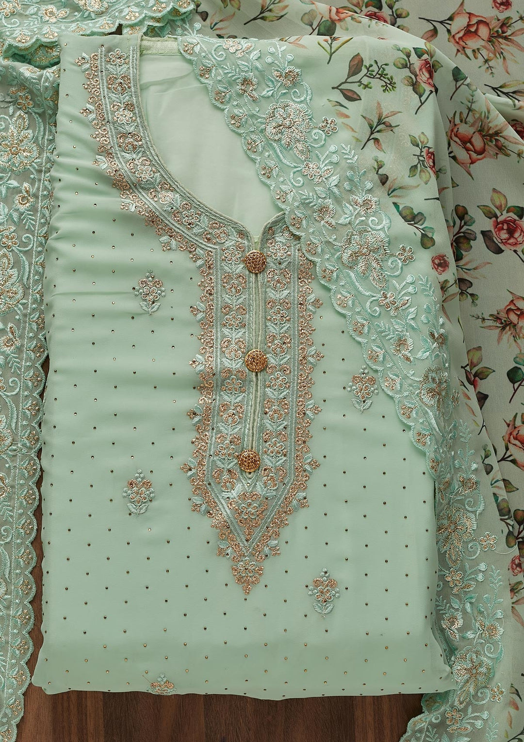 Pista Green Zariwork Georgette Unstitched Salwar Suit - Koskii