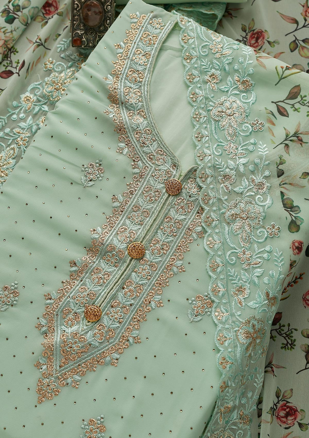 Pista Green Zariwork Georgette Unstitched Salwar Suit - Koskii