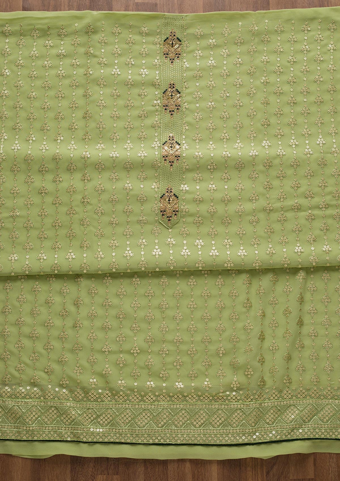 Pista Green Zariwork Georgette Unstitched Salwar Suit-Koskii