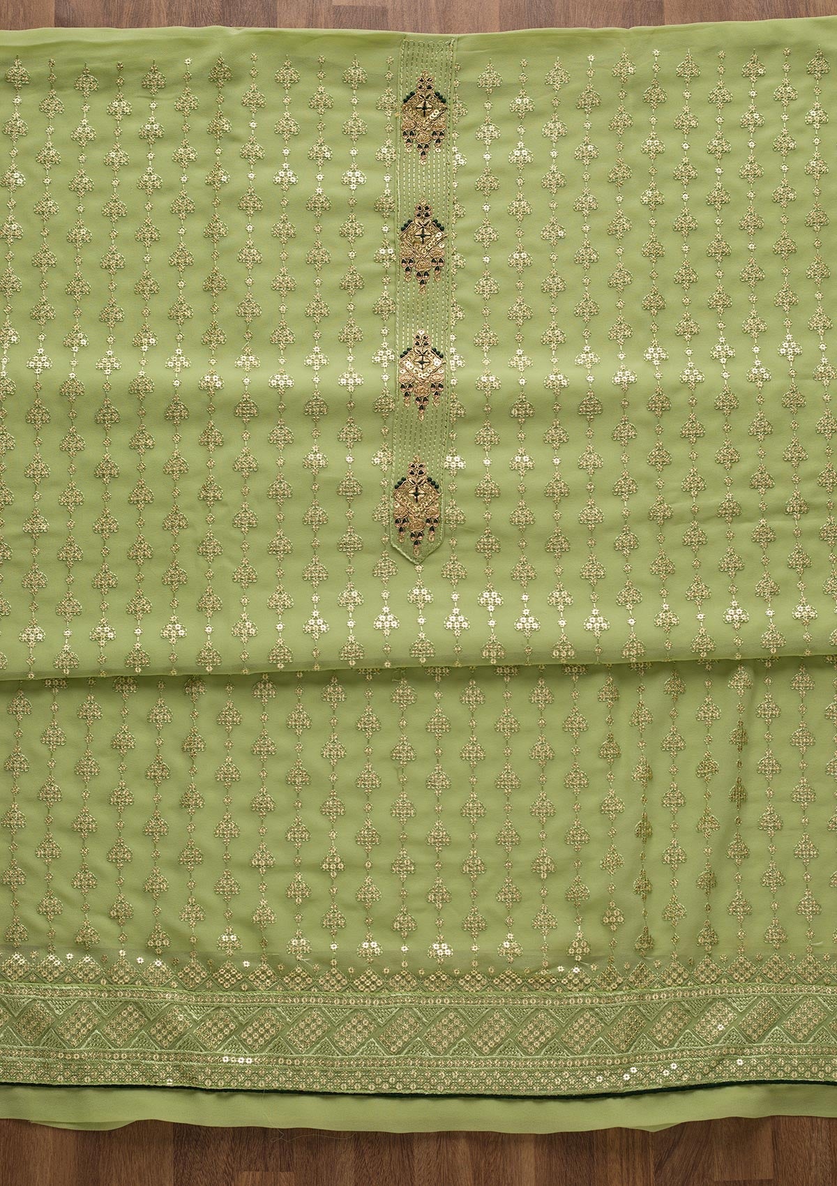 Pista Green Zariwork Georgette Unstitched Salwar Suit-Koskii