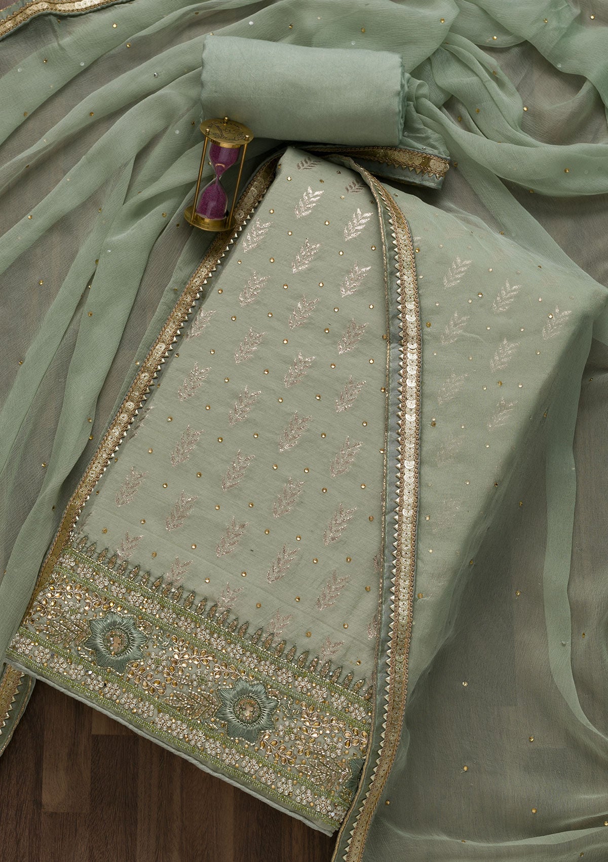 Pista Green Zariwork Georgette Unstitched Salwar Suit-Koskii