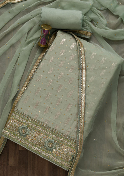 Pista Green Zariwork Georgette Unstitched Salwar Suit-Koskii