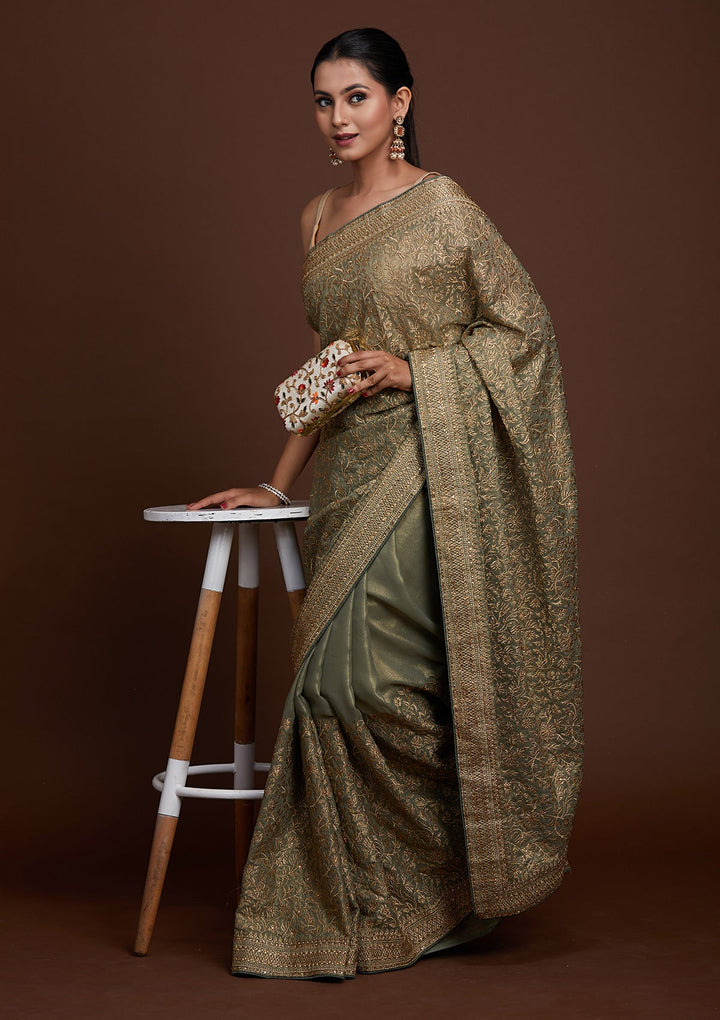 Pista Green Zariwork Georgette Saree-Koskii