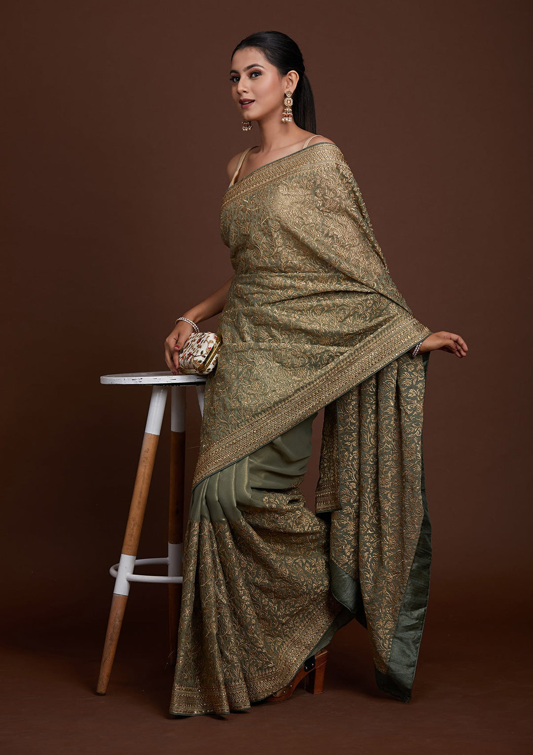 Pista Green Zariwork Georgette Saree-Koskii