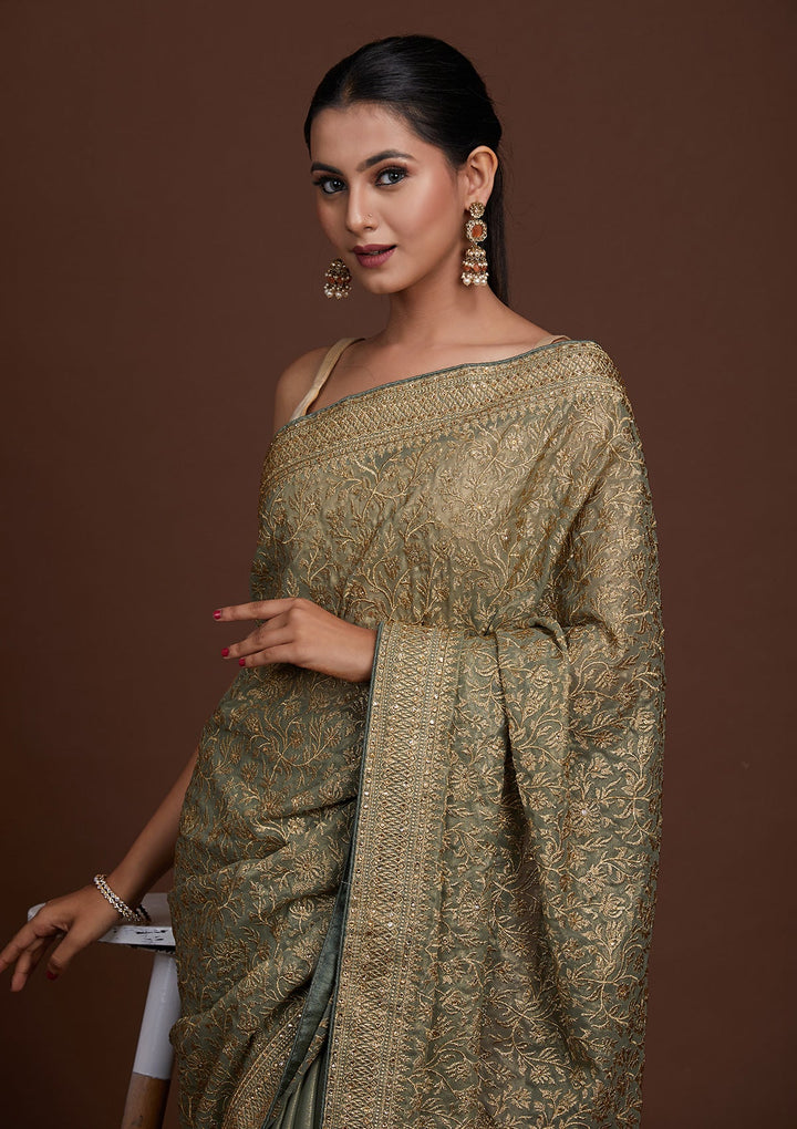 Pista Green Zariwork Georgette Saree-Koskii