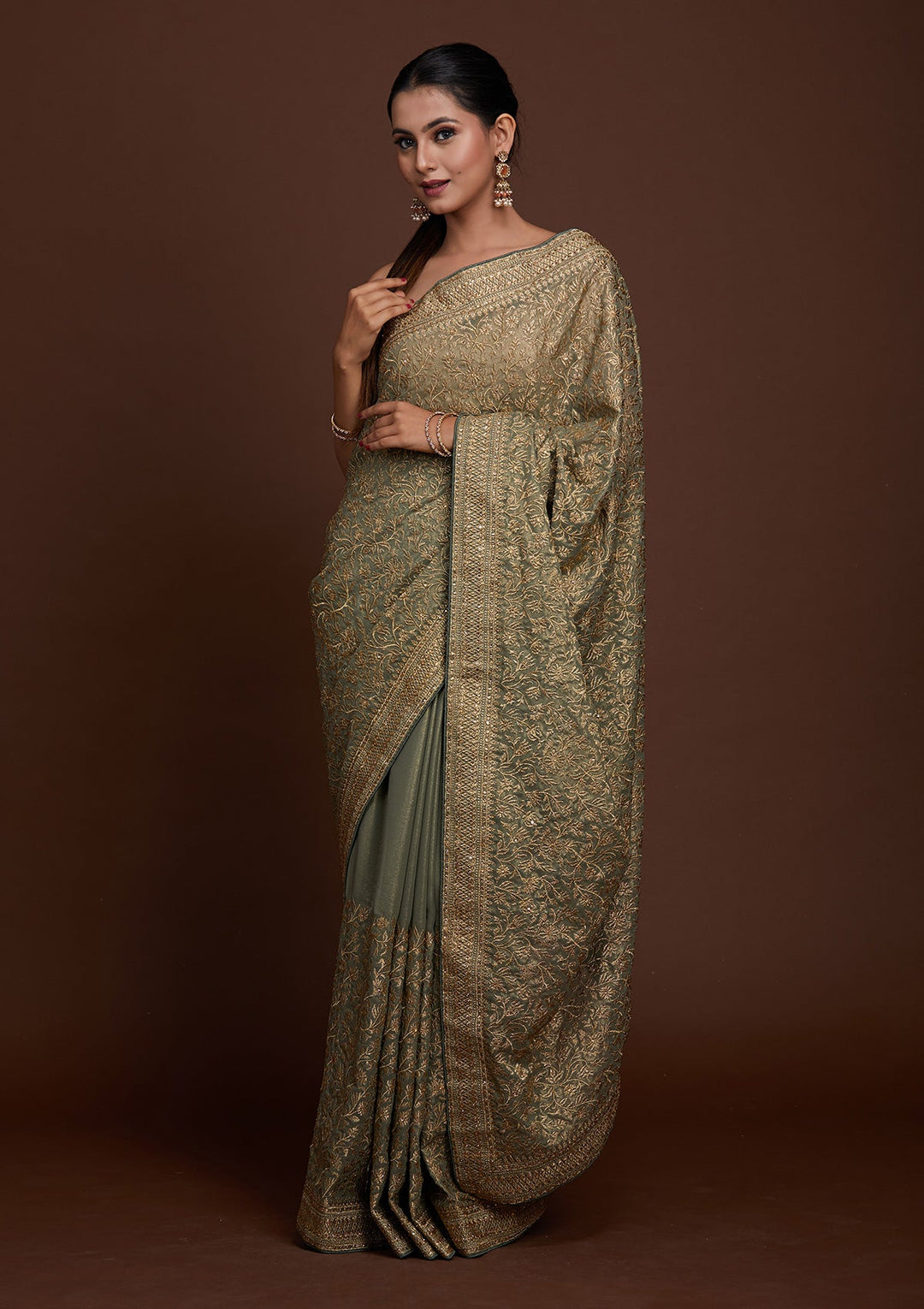Pista Green Zariwork Georgette Saree-Koskii