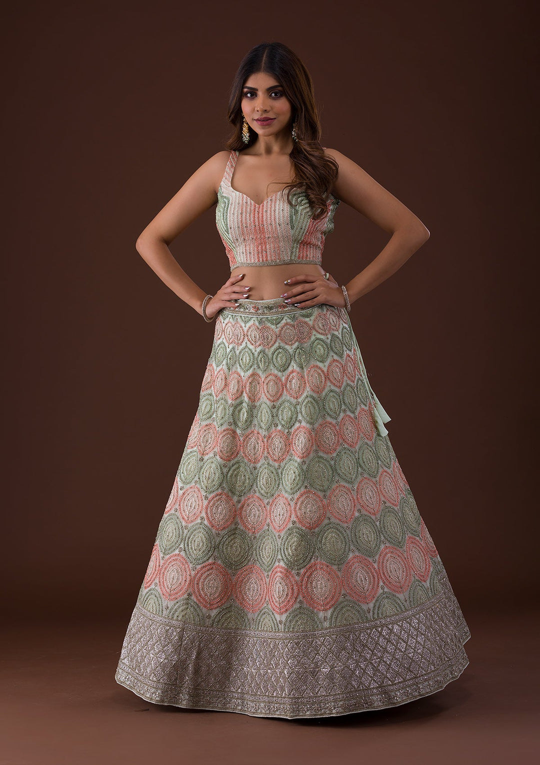 Pista Green Zariwork Net Lehenga-Koskii