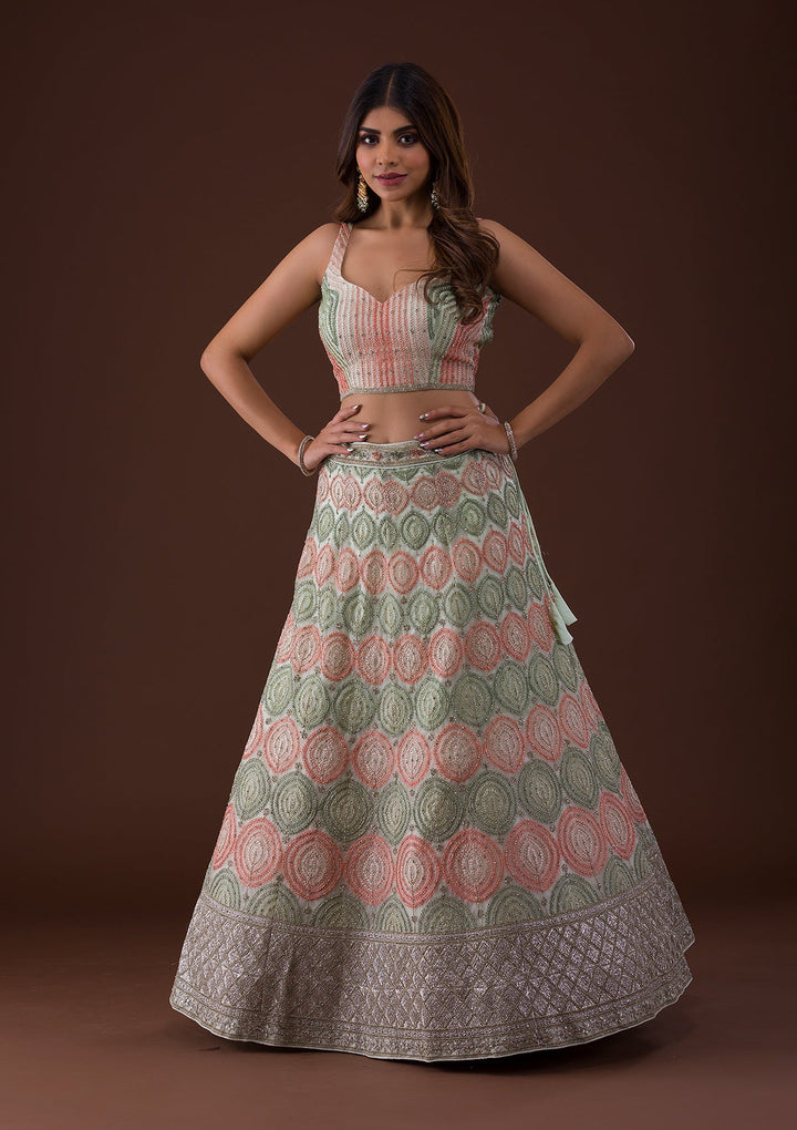 Pista Green Zariwork Net Lehenga-Koskii