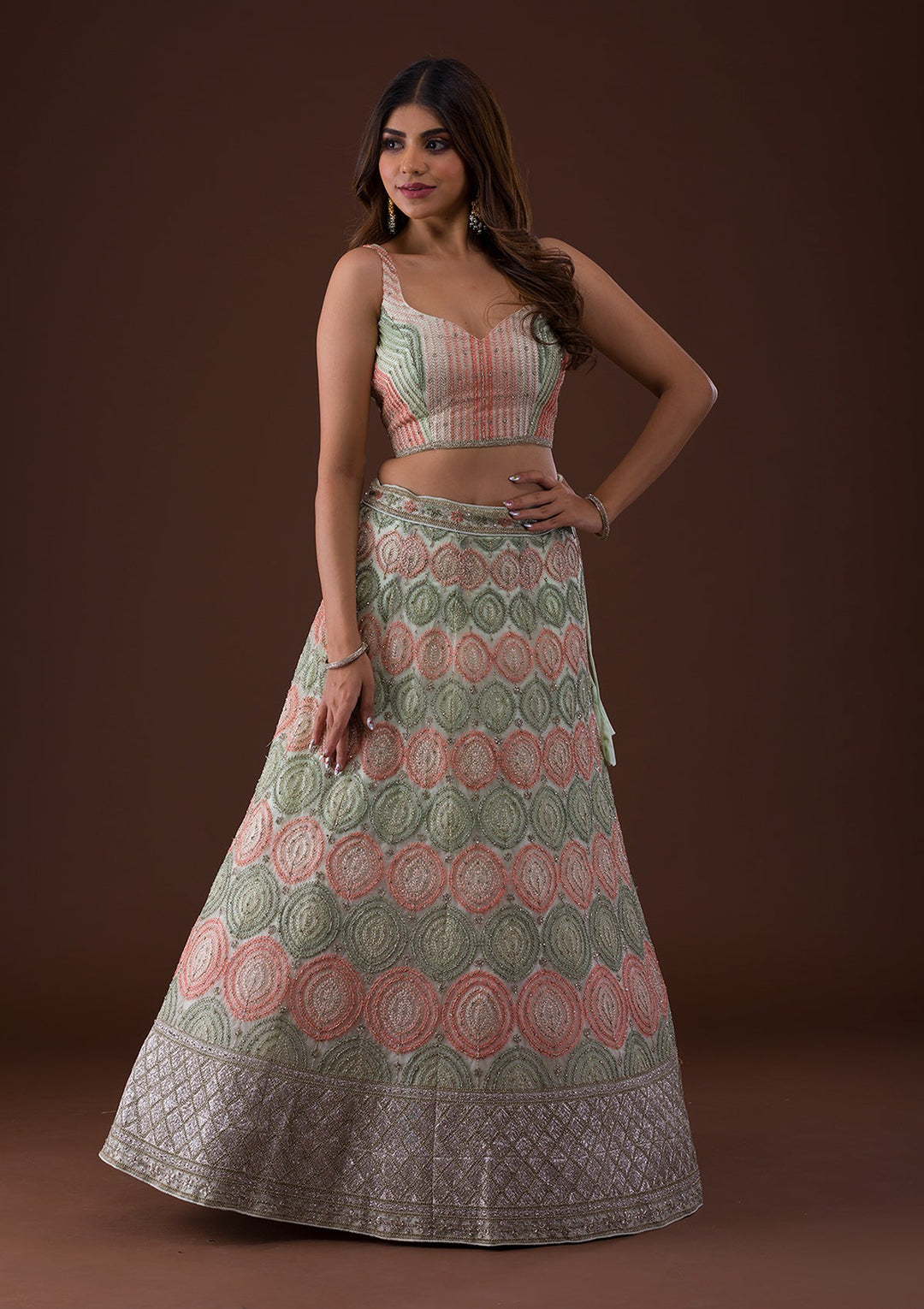 Pista Green Zariwork Net Lehenga-Koskii