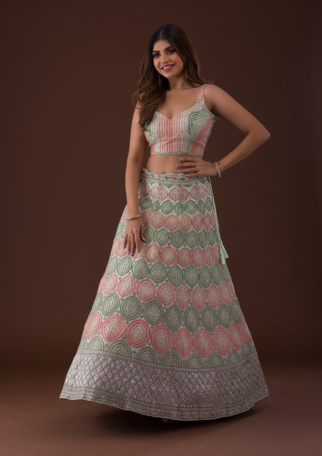 Pista Green Zariwork Net Lehenga-Koskii