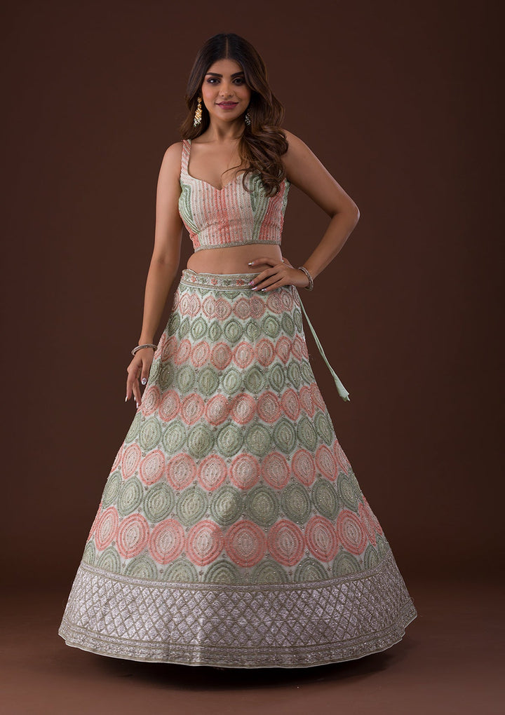Pista Green Zariwork Net Lehenga-Koskii