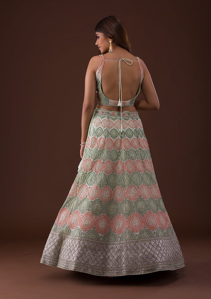 Pista Green Zariwork Net Lehenga-Koskii