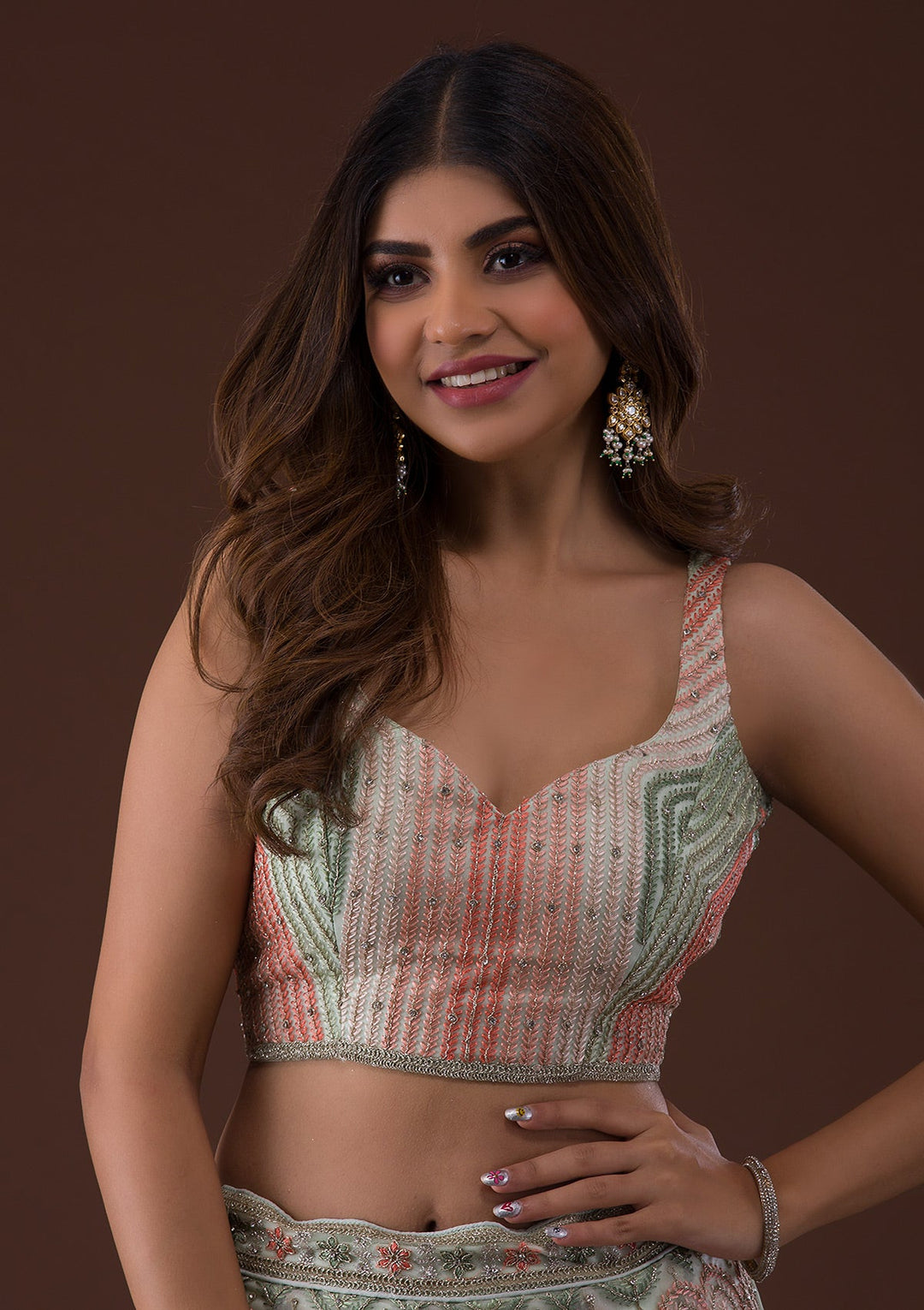 Pista Green Zariwork Net Lehenga-Koskii