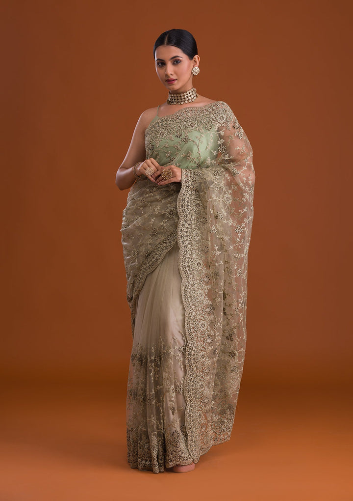 Pista Green Zariwork Net Saree-Koskii