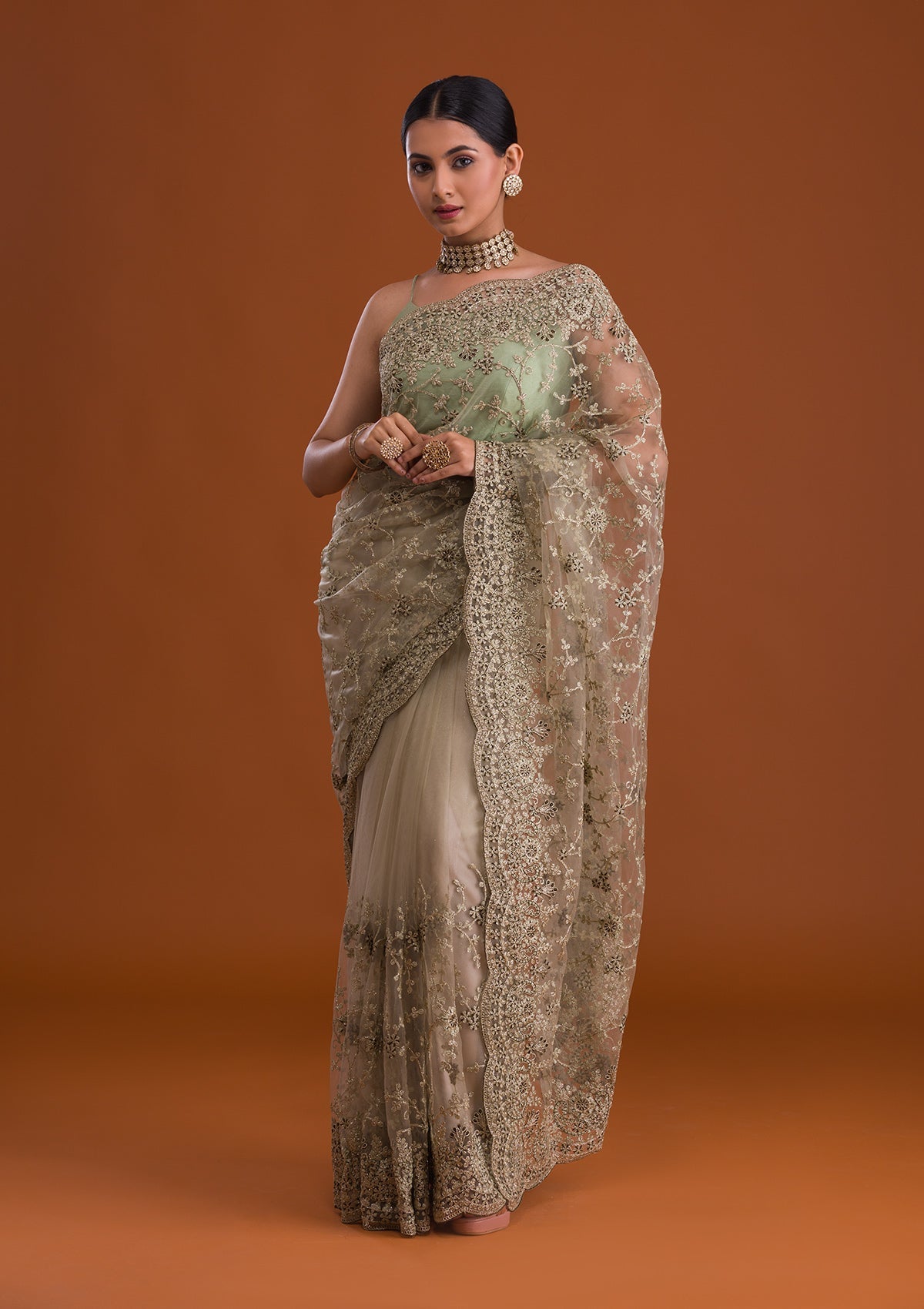 Pista Green Zariwork Net Saree-Koskii