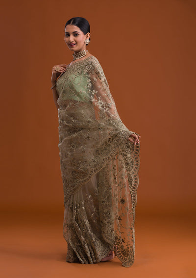 Pista Green Zariwork Net Saree-Koskii