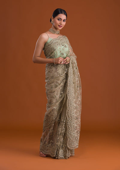 Pista Green Zariwork Net Saree-Koskii