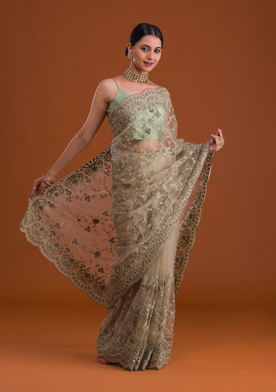 Pista Green Zariwork Net Saree-Koskii