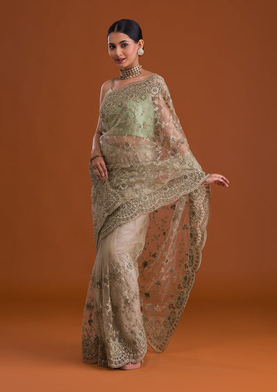 Pista Green Zariwork Net Saree-Koskii