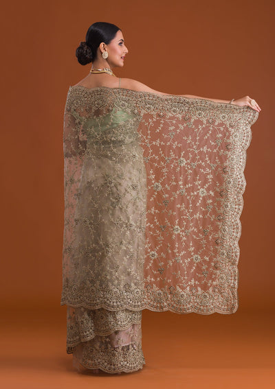 Pista Green Zariwork Net Saree-Koskii