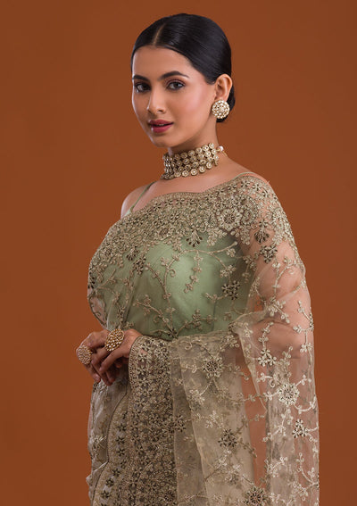 Pista Green Zariwork Net Saree-Koskii