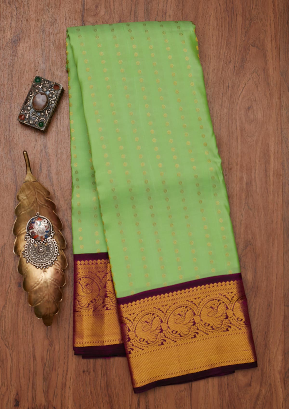 Pista Green Zariwork Pure Silk Designer Unstitched Saree - Koskii