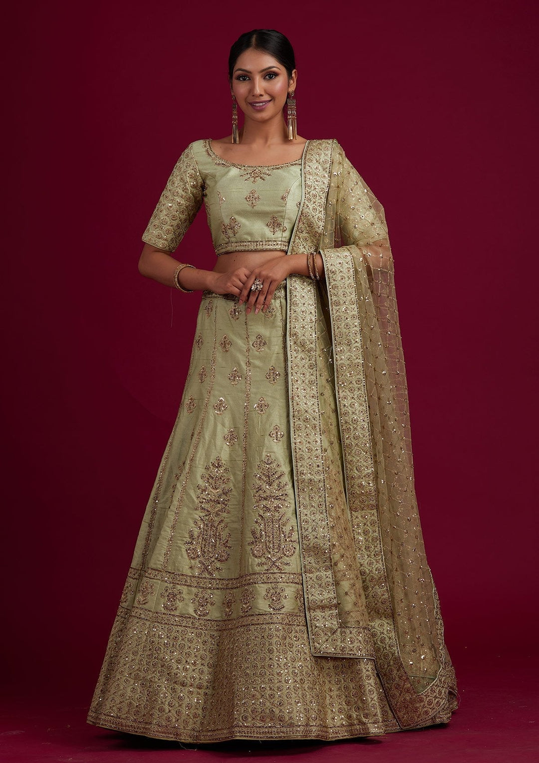Pista Green Zariwork Raw Silk Designer Semi-Stitched Lehenga - koskii