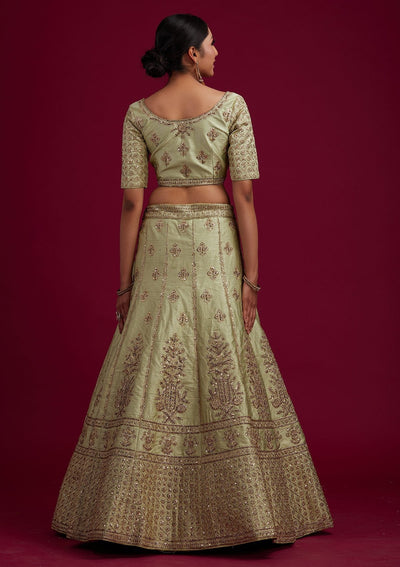 Pista Green Zariwork Raw Silk Designer Semi-Stitched Lehenga - koskii