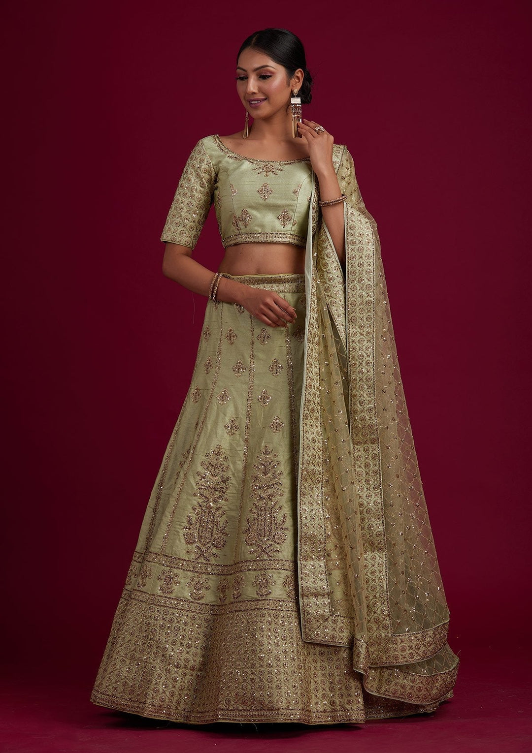 Pista Green Zariwork Raw Silk Designer Semi-Stitched Lehenga - koskii