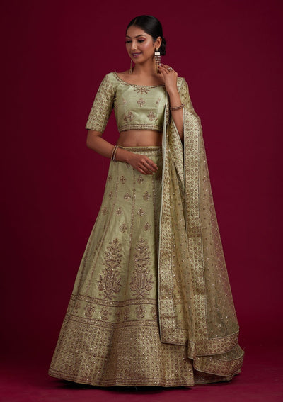 Pista Green Zariwork Raw Silk Designer Semi-Stitched Lehenga - koskii