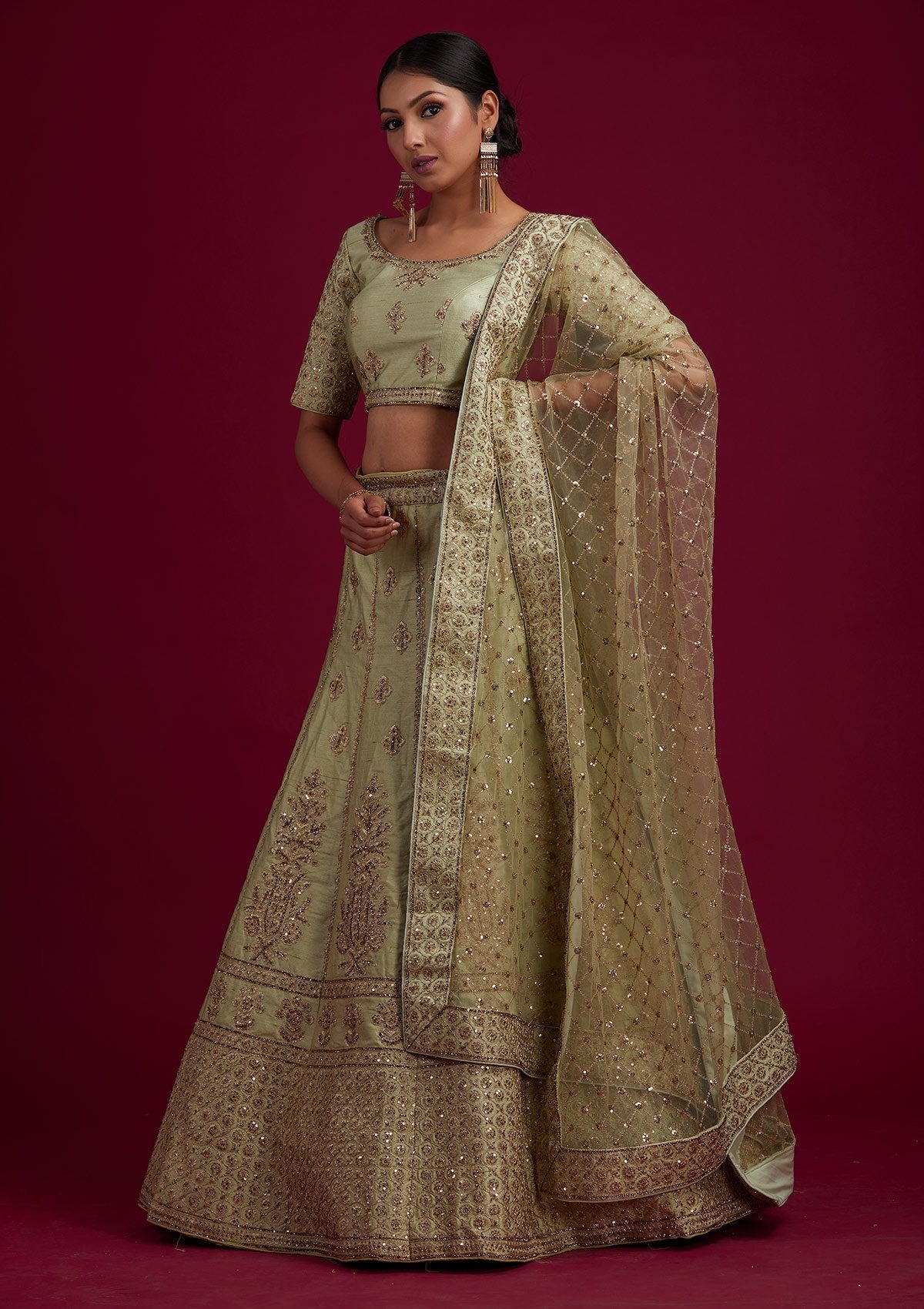 Pista Green Zariwork Raw Silk Designer Semi-Stitched Lehenga - koskii