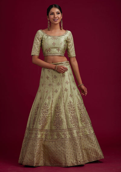Pista Green Zariwork Raw Silk Designer Semi-Stitched Lehenga - koskii