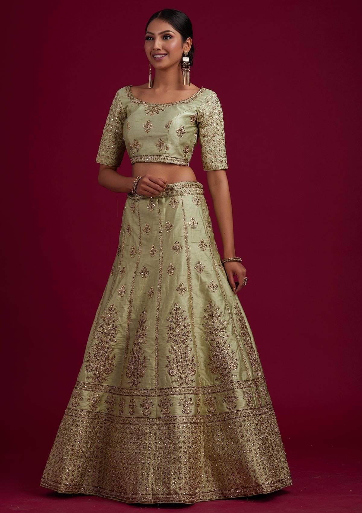 Pista Green Zariwork Raw Silk Designer Semi-Stitched Lehenga - koskii