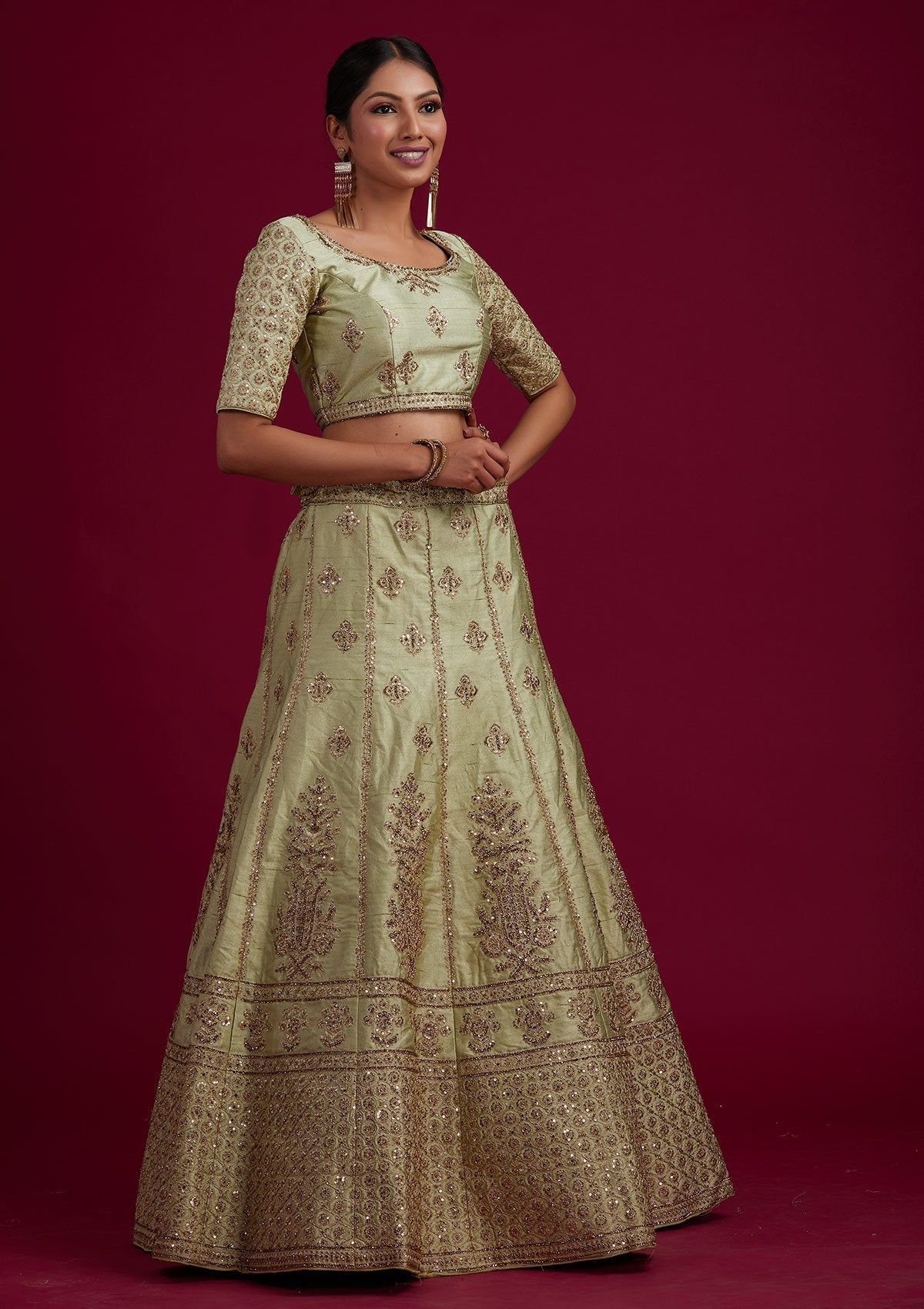 Pista Green Zariwork Raw Silk Designer Semi-Stitched Lehenga - koskii