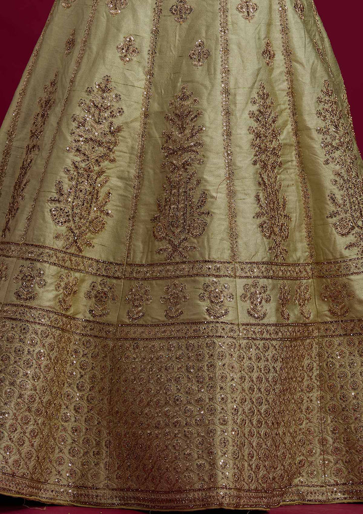 Pista Green Zariwork Raw Silk Designer Semi-Stitched Lehenga - koskii