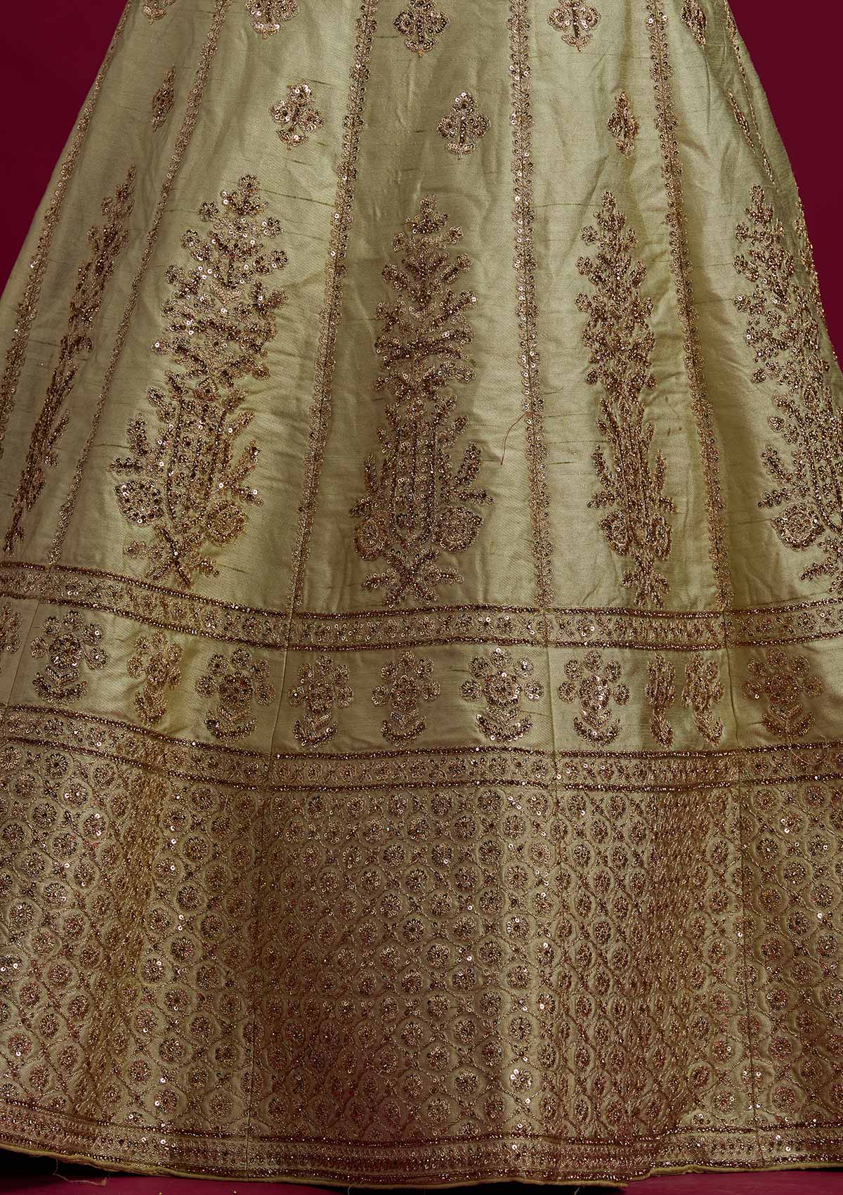 Pista Green Zariwork Raw Silk Designer Semi-Stitched Lehenga - koskii