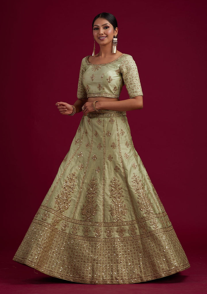 Pista Green Zariwork Raw Silk Designer Semi-Stitched Lehenga - koskii