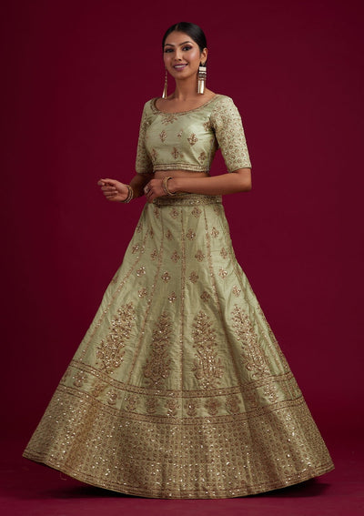 Pista Green Zariwork Raw Silk Designer Semi-Stitched Lehenga - koskii