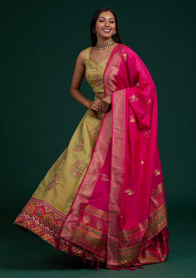 Pista Green Zariwork Raw Silk Designer Lehenga-Koskii