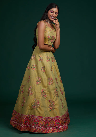 Pista Green Zariwork Raw Silk Designer Lehenga-Koskii