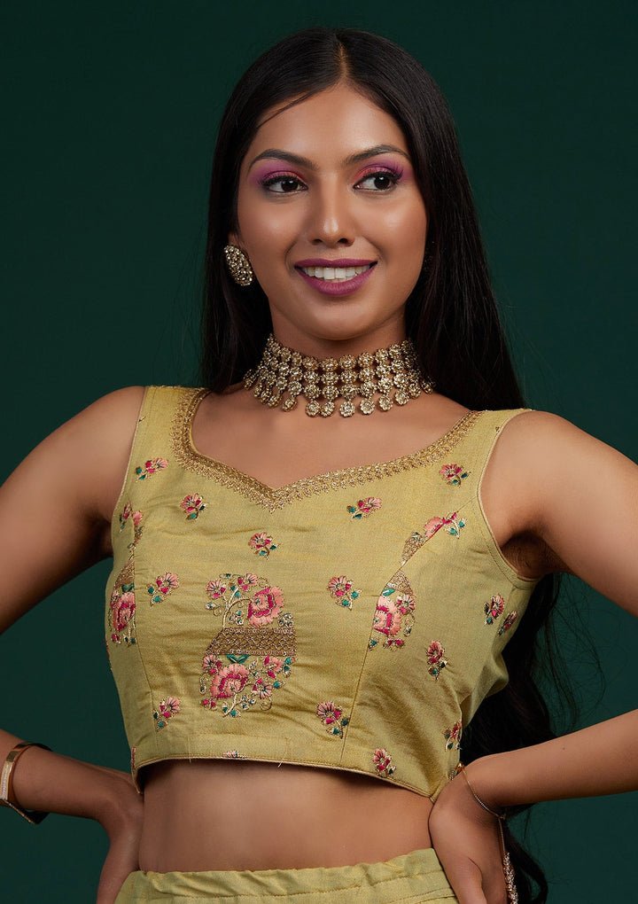 Pista Green Zariwork Raw Silk Designer Lehenga-Koskii