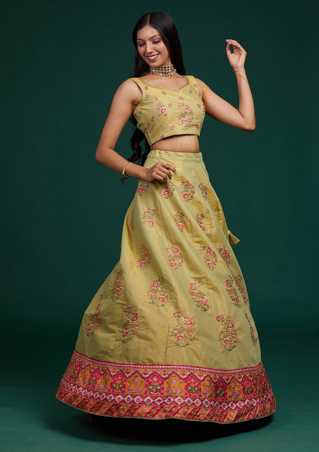Pista Green Zariwork Raw Silk Designer Lehenga-Koskii