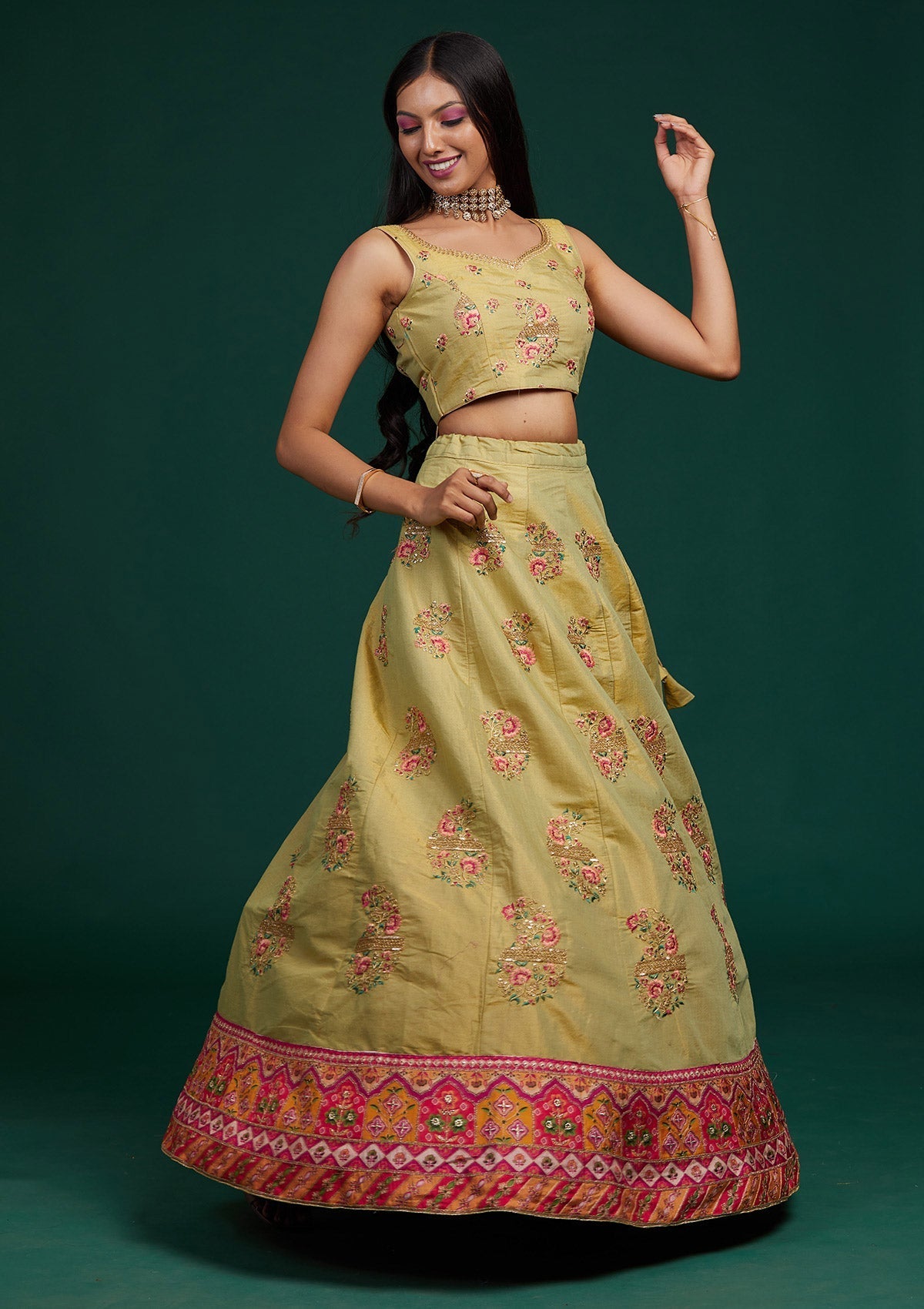 Pista Green Zariwork Raw Silk Designer Lehenga-Koskii