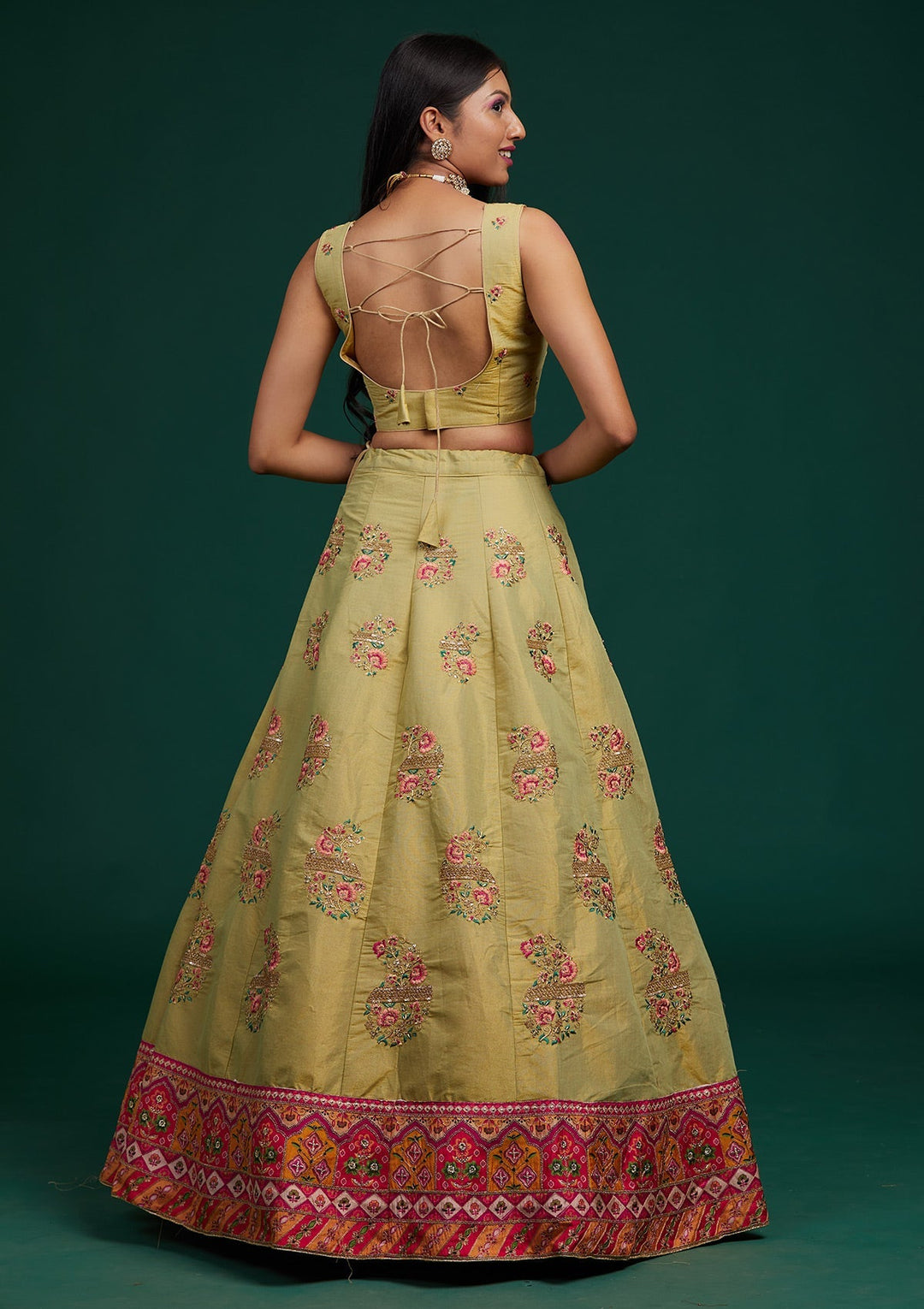 Pista Green Zariwork Raw Silk Designer Lehenga-Koskii