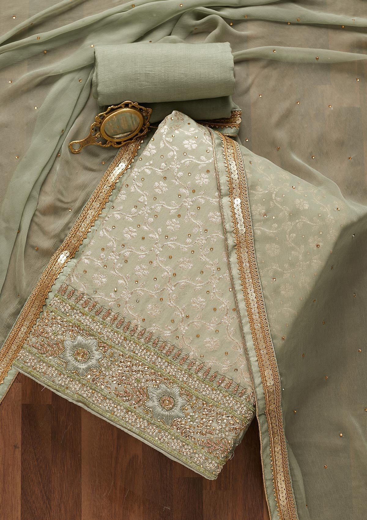 Pista Green Zariwork Raw Silk Unstitched Salwar Suit-Koskii