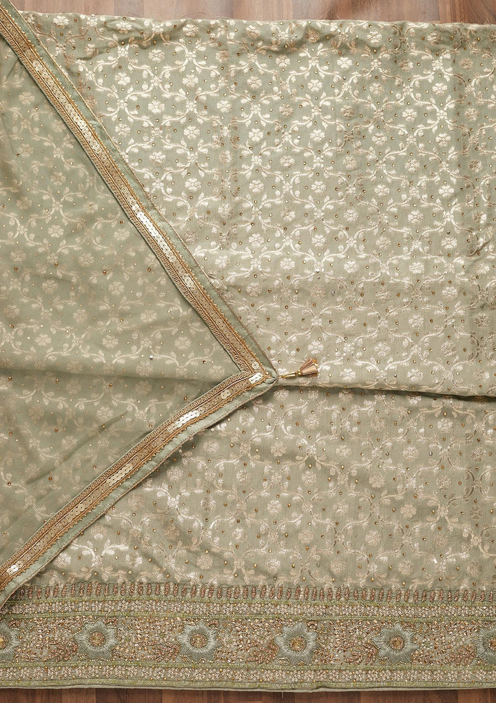 Pista Green Zariwork Raw Silk Unstitched Salwar Suit-Koskii