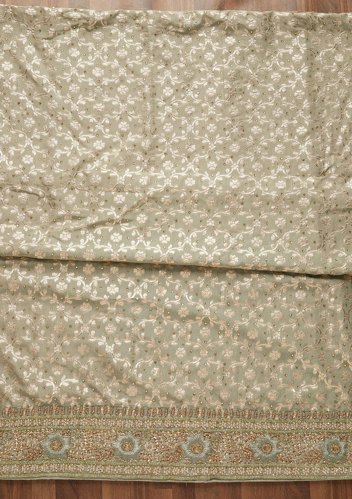 Pista Green Zariwork Raw Silk Unstitched Salwar Suit-Koskii