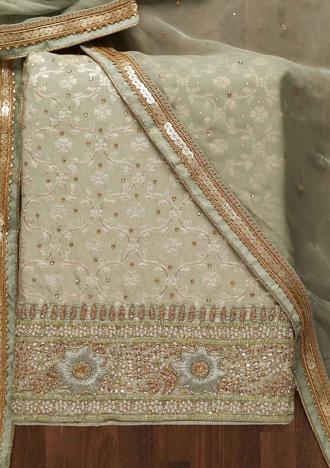 Pista Green Zariwork Raw Silk Unstitched Salwar Suit-Koskii