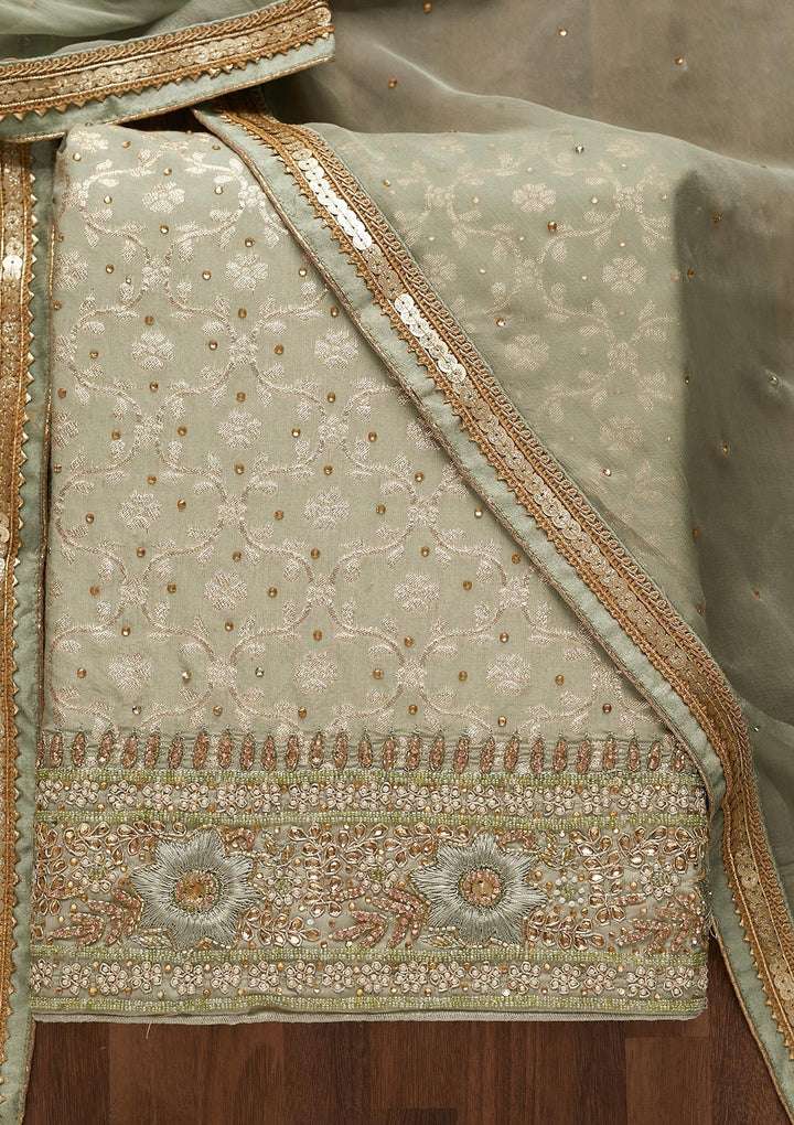 Pista Green Zariwork Raw Silk Unstitched Salwar Suit-Koskii